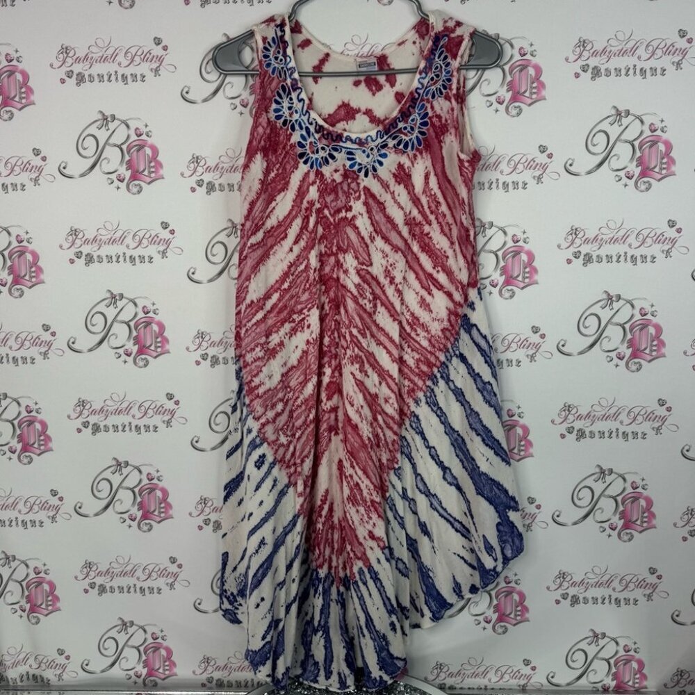 Shoreline dress tie dye USA Colors Red white and Blue Patterned embroidered